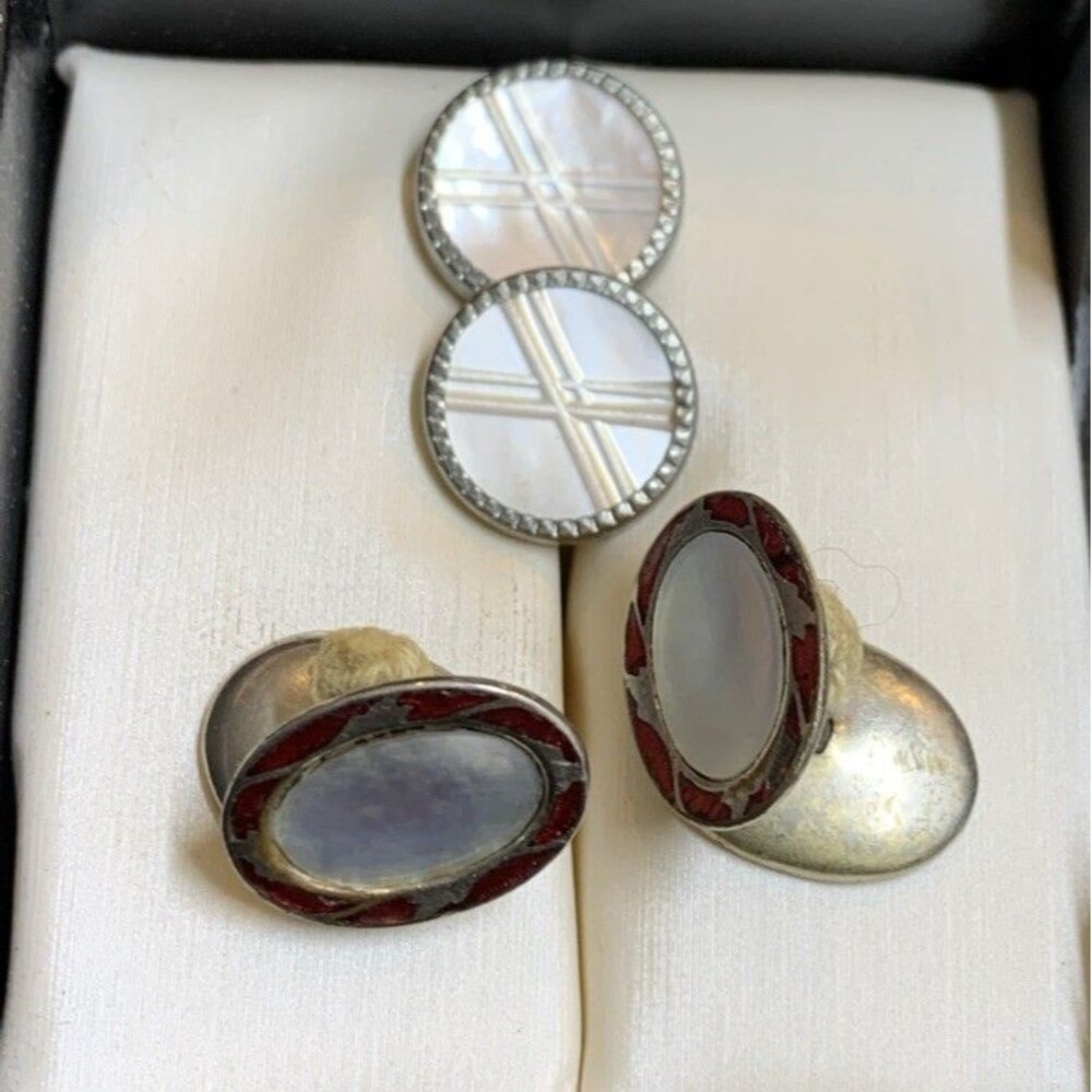Vintage Antique Mother Pearl Enamel Cuff links Pair Mop